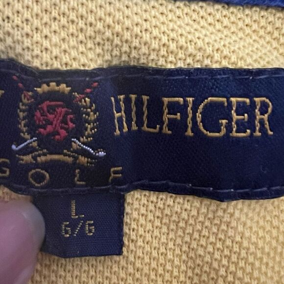 Tommy Hilfiger Polo Golf Shirt Mens L Short Sleeve Yellow Blue Striped Club Logo - Picture 6 of 10